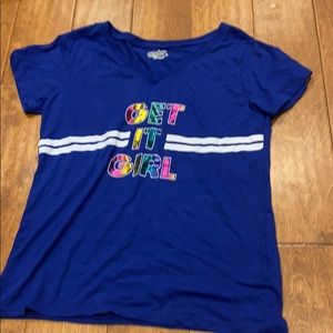 blue shirt that says get it girls size XL
